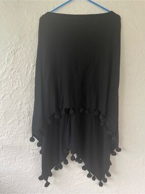 Cynthia Grace Cashmere Blend Poncho Black Knit Tassel Trim Kimono; OS